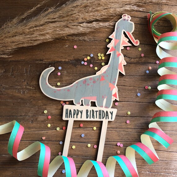 Cake Topper Dino Wood Colored Children's Birthday Party Cake Topper Kids Cake Birthday Birthday Happy Birthday Dinosaur Colorful