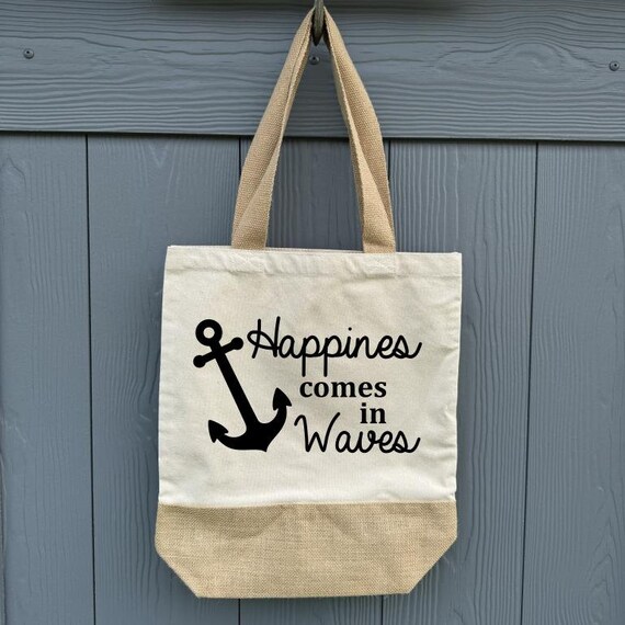 Bag XL Shopper Tote Bag Happines comes in waves Beach Bag Cotton Market Bag Gift Personalized Shopping Bag Anchor