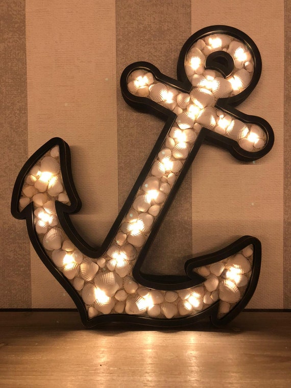 LED anchor lamp decoration maritime Baltic Sea decoration light night light shells beach home wooden anchor shabby chic unique