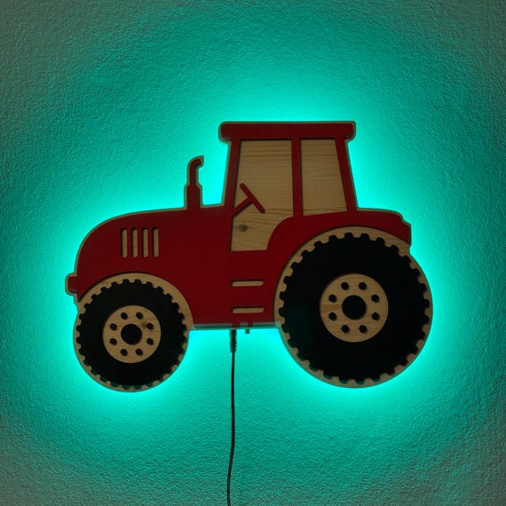 Tractor lamp night light, tractor lamp LED colored, custom color RGB, tractor farm, children's room wall lamp, wood, natural
