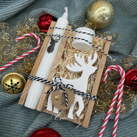 Deer candle gift Christmas XMAS reindeer souvenir Raysin gift idea decoration wooden candle holder set
