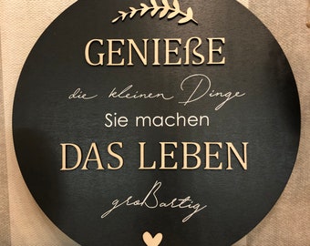 Genieße das Leben Bild Holz Wand Deko Home Zuhause Wandbild rund 40cm