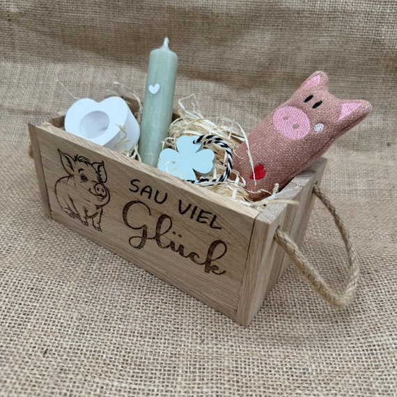 Gift basket candle pig good luck gift wooden box basket gift wrapping pig heart candle holder souvenir girlfriend cloverleaf