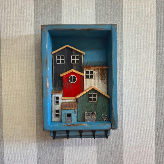 Wooden wall picture Maritime houses Key rack with hooks Handmade key box Wall decoration in coastal style Key Scandinavian