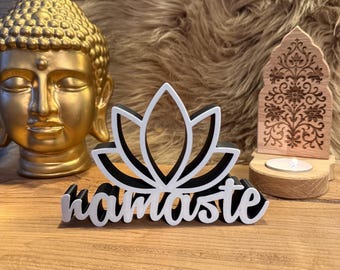 Namaste lettering, lotus flower, flower, blossom, yoga, esotericism, mandala, decoration, wall decoration, stand, 3D print, Buddha, Om