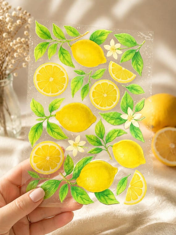 Lemon Rub-On Stickers A5 – Transparent Lemon Sticker Sheet – Summer Decor, Rub-On Stickers, Candles, Journaling, Scrapbooking, DIY Rub-ons