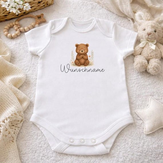 Baby bodysuit size 56 with personalized name, bear, baby, birth, pregnancy, rabbit, bunny motif, baby shower, family, gift idea