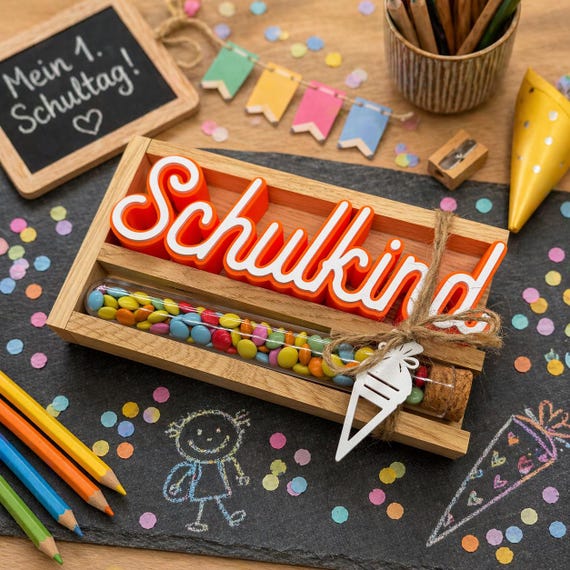 Back-to-school gift for schoolchild | 3D lettering made of PLA with chocolate lentil tubes | Decorative gift for the first day of school celebration