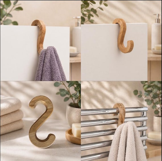 S-Hook, Oak Wood, 12 cm | Towel Holder without Drilling | Clothes Hook for Kitchen, Bathroom, Hallway | Sustainable Hook for Clothes & Bags
