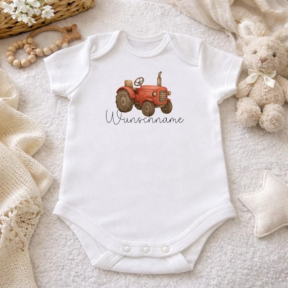 Baby bodysuit size 56 with personalized name, tractor, baby, birth, pregnancy, rabbit, bunny motif, baby shower, family, gift idea