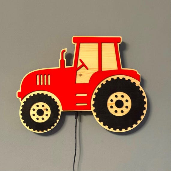 Tractor lamp night light, tractor lamp LED colored, custom color RGB, tractor farm, children's room wall lamp, wood, natural