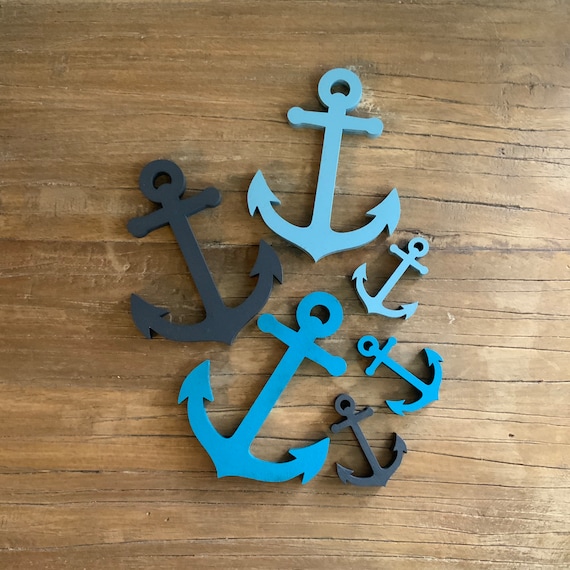 Anchor Maritime Decoration Set blue six anchors in set gift wood