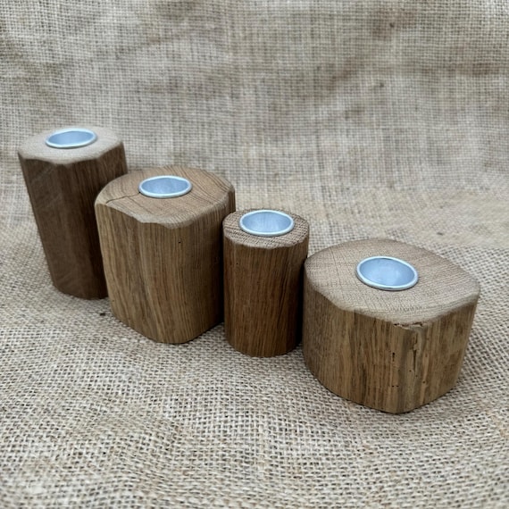 4x Rustic Oak Wooden Candlesticks for Christmas, Advent, and Xmas, Handmade, Decorative