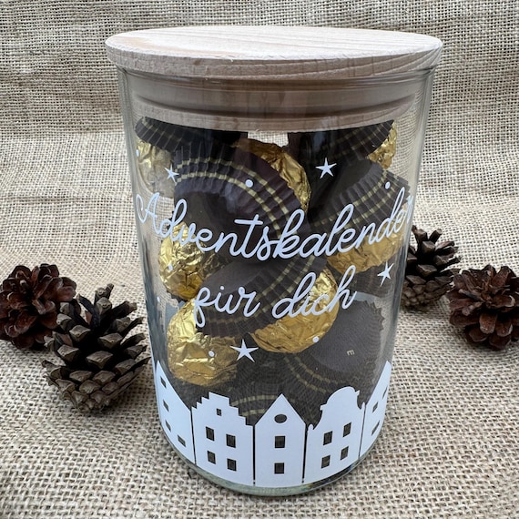 Storage jar glass 150 x 100 mm decoration Christmas XMAS Christmas houses wooden lid Advent calendar canal houses