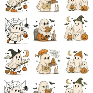 Peut inclure: Illustrations sur le thème d'Halloween avec des fantômes de dessins animés. Certains fantômes portent des chapeaux de sorcière, de chef ou des bonnets. Autres illustrations : citrouilles, chauves-souris, toiles d'araignées et le texte "BOO!"