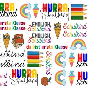 Könnte beinhalten: Eine Collage mit bunten Schulthemen. Enthält die Wörter "HURRA Schulkind", "du bist erste Klasse" und "ENDLICH Schulkind". Enthält auch Regenbogen, Bleistifte, Schultüten, Bücher und einen Apfel.