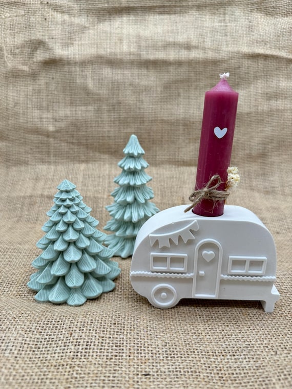 Caravan set tree candle gift set decoration winter Xmas Christmas camper camping candle holder trees green decoration gift