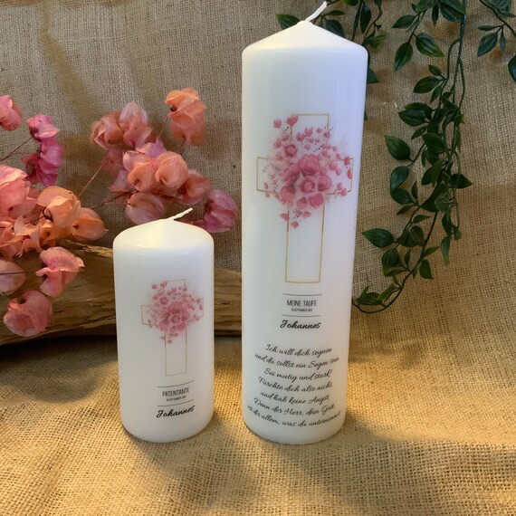Christening candle For baptism Candle Godfather Sponsor Flower Cross Cross Baptismal motto personalized Candles Decoration Motif