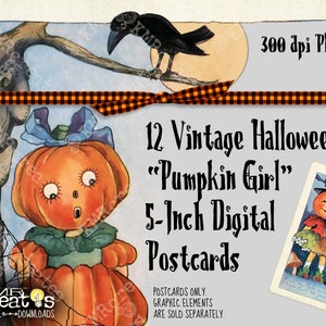 Vintage Halloween Kürbis Postkarte png, Hutmacher Karte, Kürbiskopf Mädchen, Vintage Kürbis png, Vintage Postkarte, Kürbis Mädchen Grafik