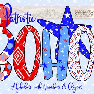 Patriotische Boho Alpha, Gekritzel Alphabet Schriftart, Americana Clipart, Sterne Streifen Bündel, patriotische Ballons, patriotische Buchstaben, 4. Juli png
