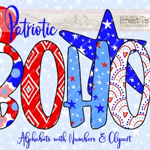 Patriottische Boho Alpha, doodle alfabetlettertype, Americana clipart, bundel sterren, strepen, patriottische ballonnen, patriottische letters, 4 juli, png