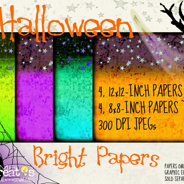 Halloween digital paper, bright colors, stars and night sky, green, purple, teal, orange, JPEG files, digital download, instant download