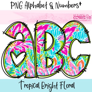 Letras Alfabeto PNG Florais Tropicais, letras de nome personalizadas, letras de rabisco PNG, alfabeto floral PNG, arco-íris brilhante alfa, números florais