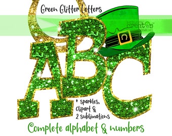 St Patricks Alphabet St Patricks Day png, green glitter alpha, St Patricks letters, leprechaun clipart, green gold letters, Shamrock png