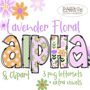 Alfabeto floral con letras lavanda (PNG), clipart del Día de la Madre, letras de verano (PNG), letras de primavera (PNG), flores kawaii (PNG), letras de lunares