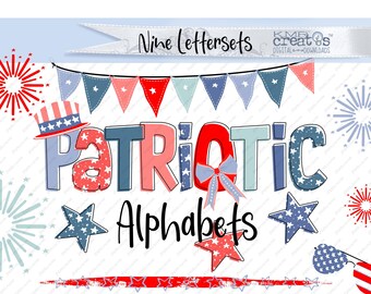 Patriotic Doodle Alphabet png Bundle: USA Clipart (Digital Download)