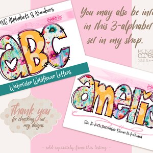 May include: Three digital alphabet letters in a watercolor wildflower design. The letters are A, B, and C. The letters are yellow with a pink outline and a floral pattern. The letters are surrounded by a pink background with a white polka dot pattern. The text "3 PNG Alphabets & Numbers" is at the top of the image. The text "Watercolor Wildflower Letters" is below the letters. The text "Thank you for checking out my designs." is at the bottom of the image.