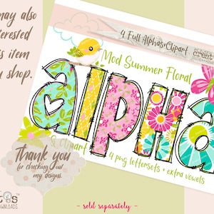 Puede incluir: Un conjunto de cuatro letras del alfabeto coloridas y florales, con un lindo dise&ntilde;o de p&aacute;jaro y mariposa. Las letras est&aacute;n en un estilo veraniego y caprichoso y son perfectas para proyectos de manualidades.