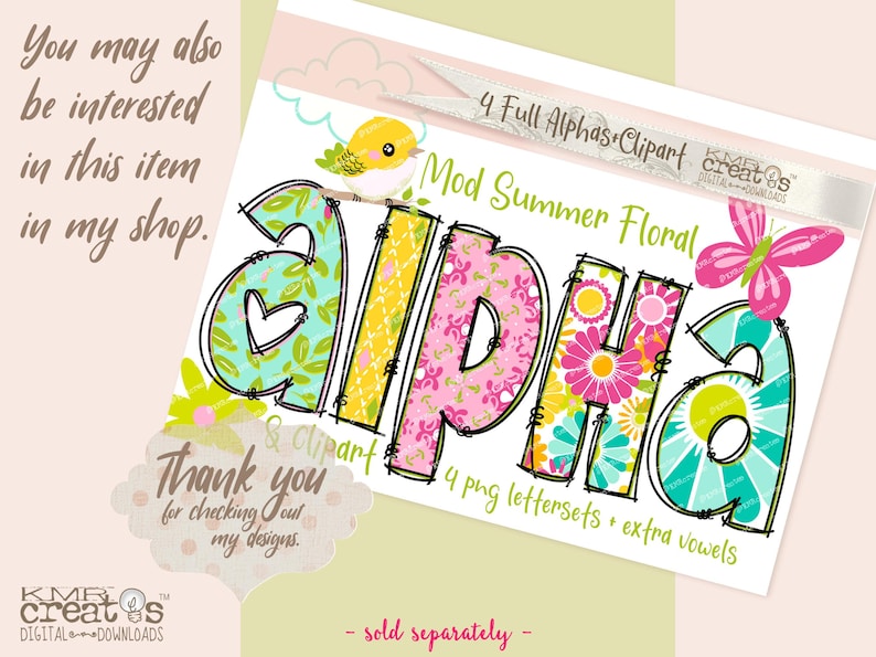Puede incluir: Un conjunto de cuatro letras del alfabeto coloridas y florales, con un lindo dise&ntilde;o de p&aacute;jaro y mariposa. Las letras est&aacute;n en un estilo veraniego y caprichoso y son perfectas para proyectos de manualidades.