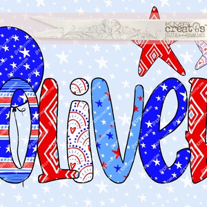 May include: Red, white, and blue patterned letters spelling "Oliver" with two stars and a balloon. The background is a light blue with white stars.