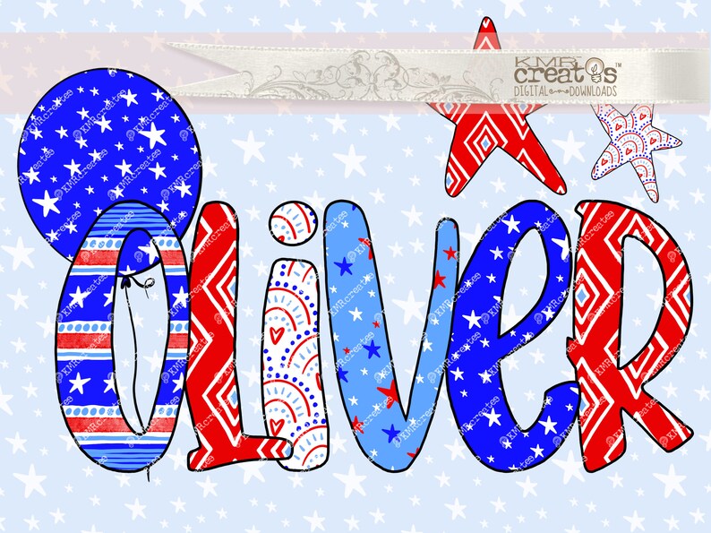 May include: Red, white, and blue patterned letters spelling "Oliver" with two stars and a balloon. The background is a light blue with white stars.
