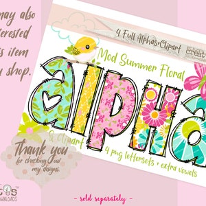 May include: A digital graphic design set titled Mod Summer Floral featuring the word alpha in colorful patterned letters. The design includes a yellow bird, a pink butterfly, and floral motifs in shades of teal, yellow, and pink with black outlines.