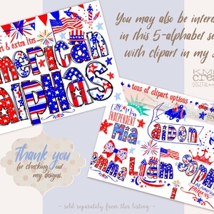 May include: A set of five American-themed alphabet letters with red, white, and blue colors. The letters are decorated with stars and stripes. The letters are part of a larger set of clipart that includes other patriotic designs.