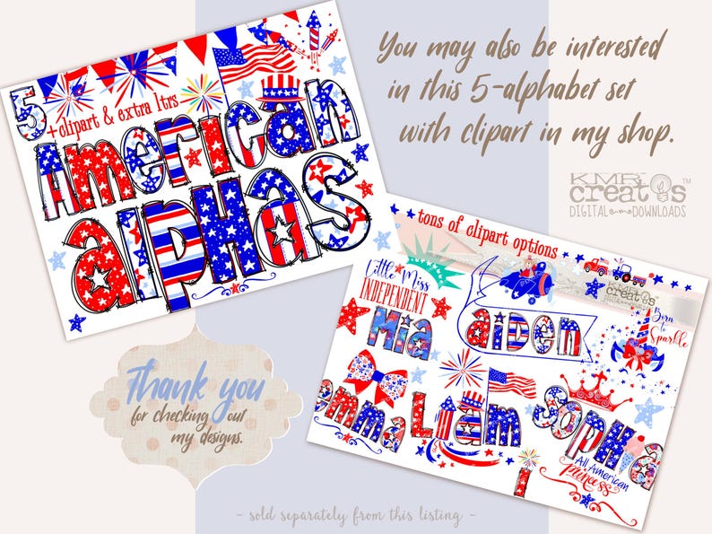 May include: A set of five American-themed alphabet letters with red, white, and blue colors. The letters are decorated with stars and stripes. The letters are part of a larger set of clipart that includes other patriotic designs.