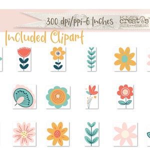 Shows a variety of clipart flowers in a modern, Kawaii style in colors of teal, orange, yellow, pink, and cream.