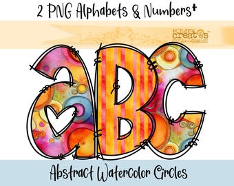 Watercolor Circles Alphabet PNG: Rainbow Doodle Letters (Digital Download)