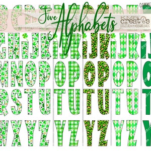 May include: Five different alphabet sets with green, white, and gold patterns. The patterns include shamrocks, gingham, leopard print, and diamonds. The letters are outlined in black.