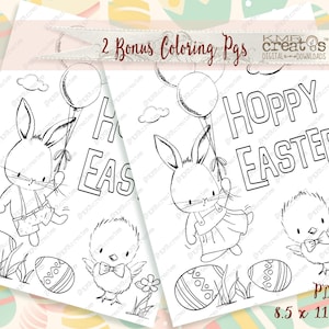 May include: Two black and white coloring pages featuring a bunny rabbit holding balloons with the text "Hoppy Easter". Each page also includes a chick with a bow tie and two Easter eggs.