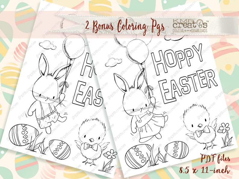 May include: Two black and white coloring pages featuring a bunny rabbit holding balloons with the text "Hoppy Easter". Each page also includes a chick with a bow tie and two Easter eggs.