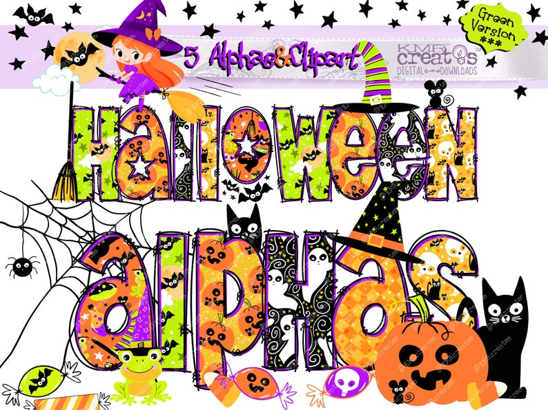 Halloweenbokstäver, Halloween-alfabet, Halloween-clipart, clipartpaket png, doodlebokstäver png, söta svarta barn, Halloween-godispåse bild 1