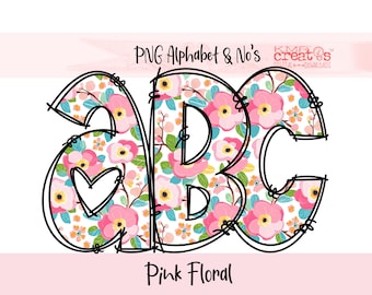Pink Floral Alphabet PNG: Watercolor Doodle Letters, Preppy Spring Summer Alphabet (Digital Download)