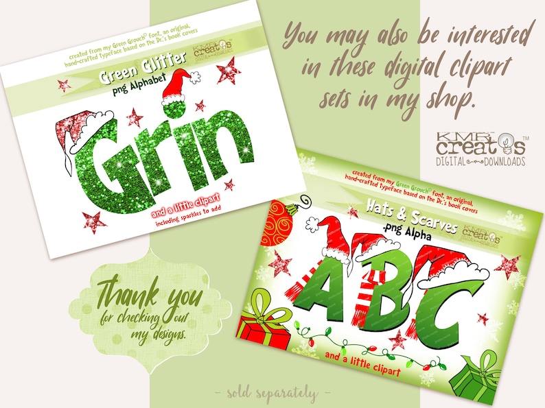 K&ouml;nnte beinhalten: Zwei digitale Clipart-Sets mit gr&uuml;nen Glitzer- und gr&uuml;nen umrandeten Buchstaben mit roten Weihnachtsm&uuml;tzen. Das erste Set hei&szlig;t "Green Glitter" und zeigt das Wort "Grin". Das zweite Set hei&szlig;t "Hats & Scarves" und zeigt die Buchstaben "ABC". Beide Sets enthalten ein kleines Clipart.