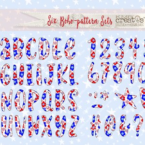 May include: A set of alphabet letters and numbers with a red, white, and blue floral pattern. The letters and numbers are in a bold, handwritten style. The set also includes punctuation marks, symbols, and a heart.