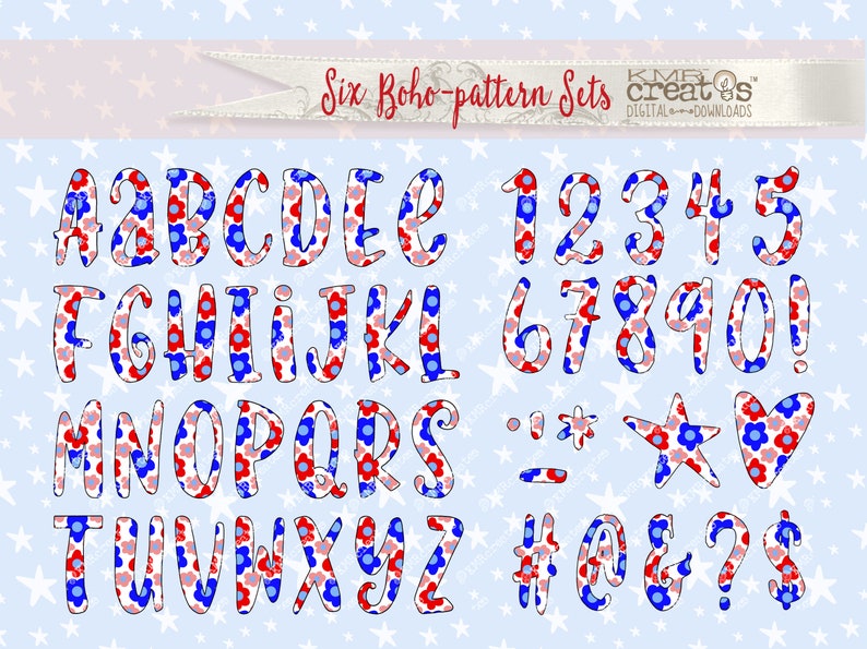 May include: A set of alphabet letters and numbers with a red, white, and blue floral pattern. The letters and numbers are in a bold, handwritten style. The set also includes punctuation marks, symbols, and a heart.
