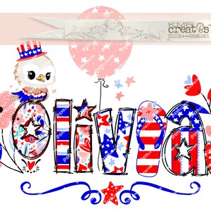 The name Olivia is spelled out in a 4th of July patriotic sublimation of red, white, blue and pink floral, stars and stripes letters with a pink balloon, flowers, and a baby Eagle in Kawaii style clipart.