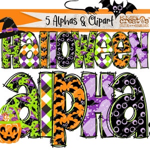 Letras de doodle do alfabeto de Halloween PNG, clipart de Halloween, alfabeto de morcego, letras de gatinho preto, alfabeto fantasma, arlequim de Halloween, assustador